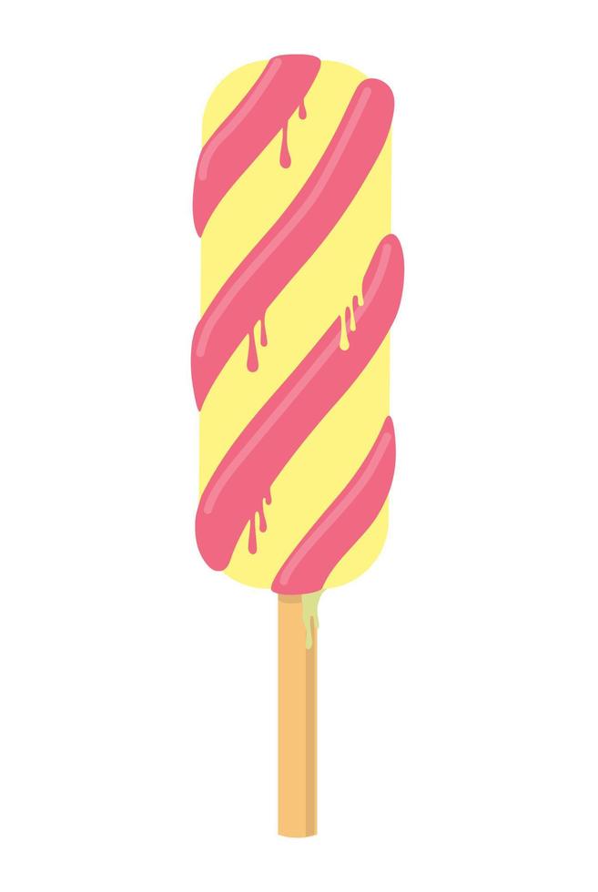 Melting ice cream vector flat illustration. Summer frozen dessert of two fruits flavors. Ice lolly image.