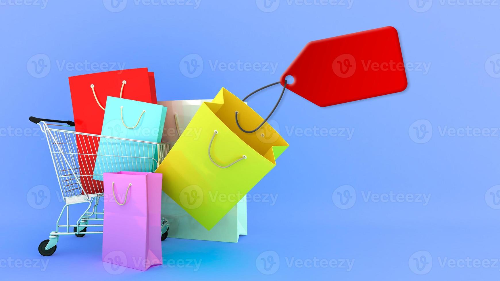 Colourful paper shopping bags on shopping cart and price tag with blue Background., shopping lover or shopaholic concept, 3D rendering. photo
