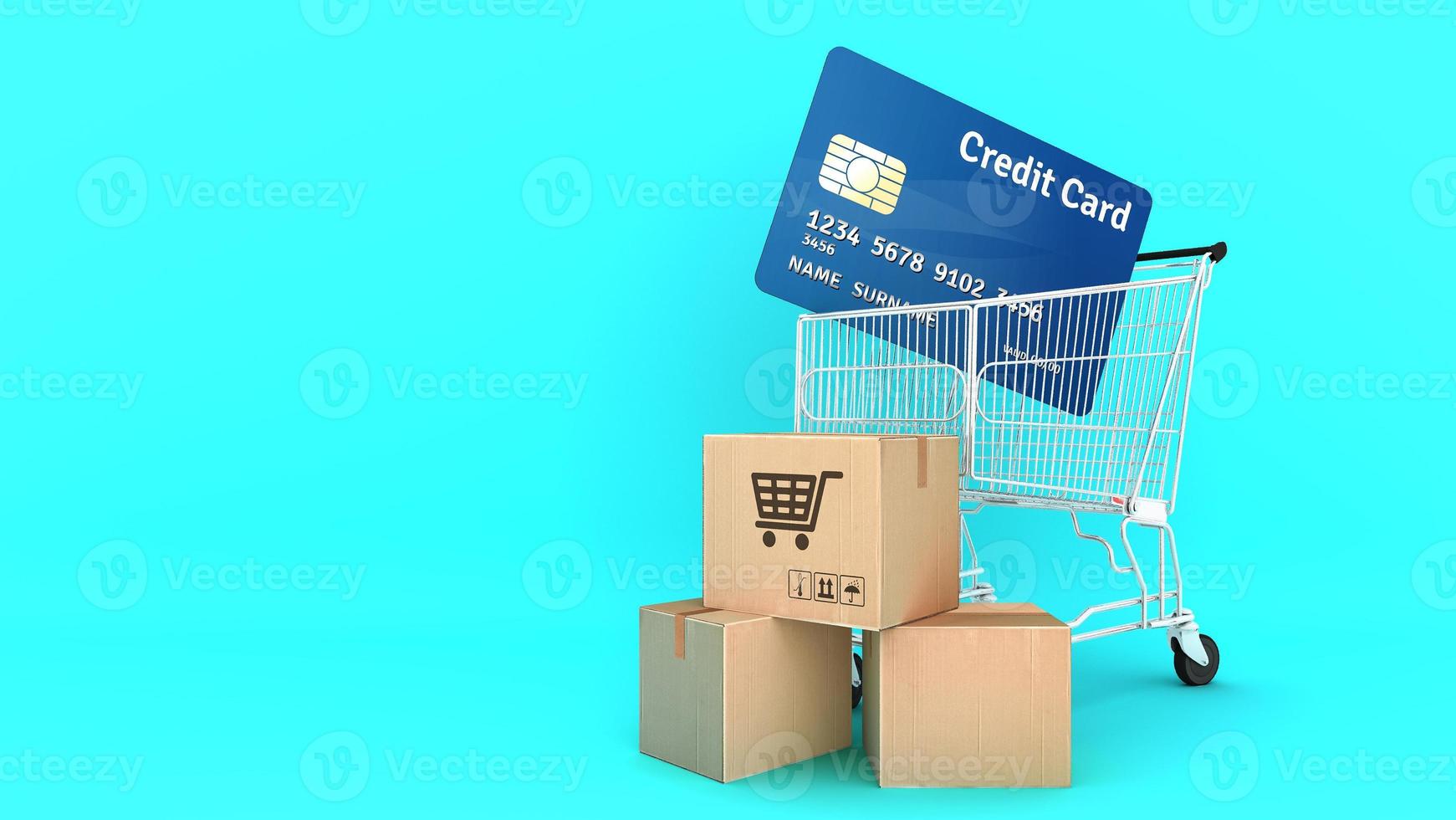 Many Paper boxes and credit card in a shopping cart with green background., shopping online or shopaholic concept, 3D rendering. photo
