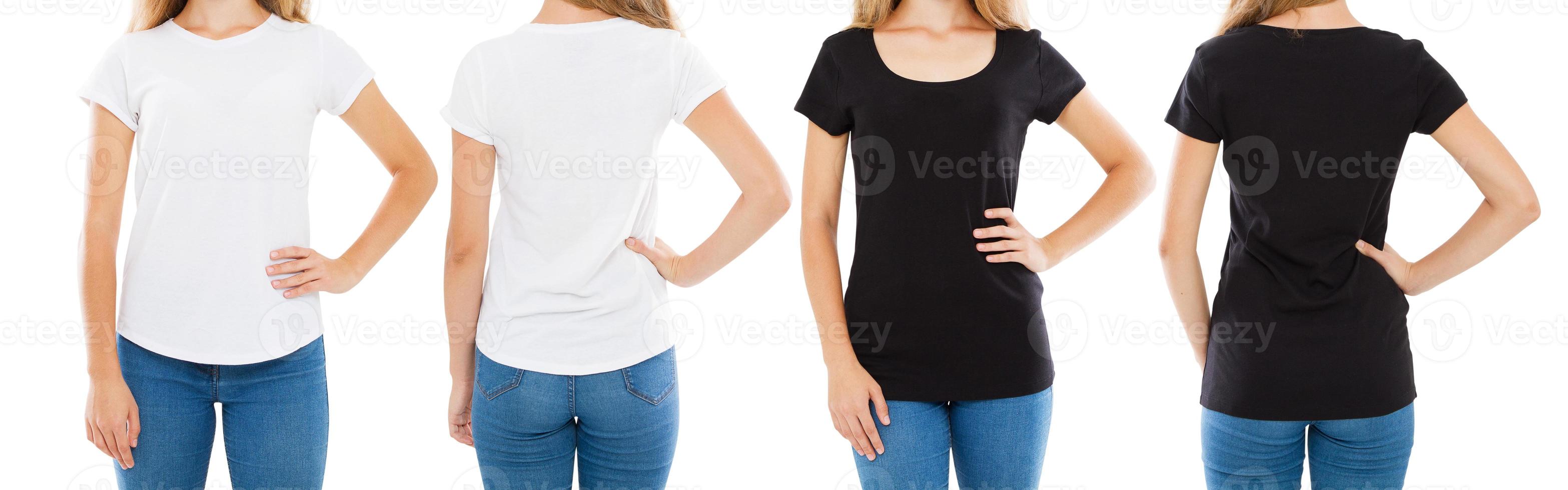 cropped image front and back views teen woman in white and black t-shirt isolated, set girl in tshirt,two women photo