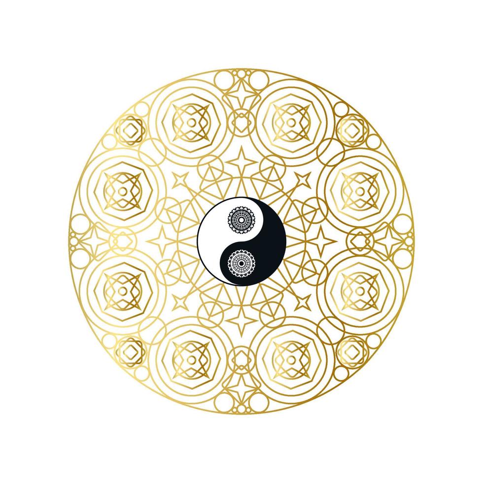 Shiny Golden Mandala with Yin Yang Sign Isolated vector