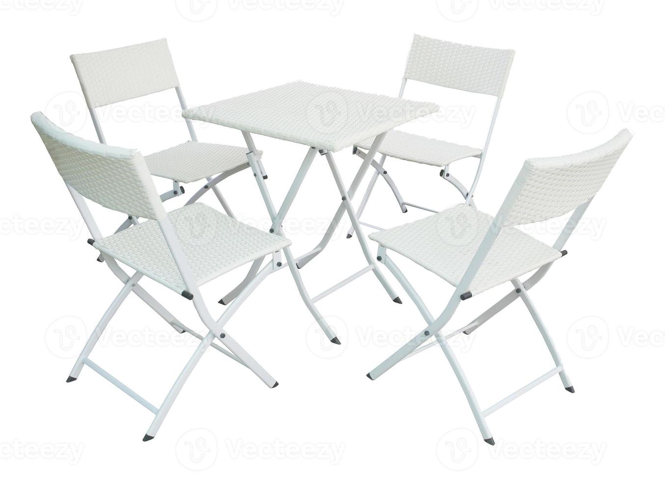 Set of garden wood table and folding chairs isolated on white background photo