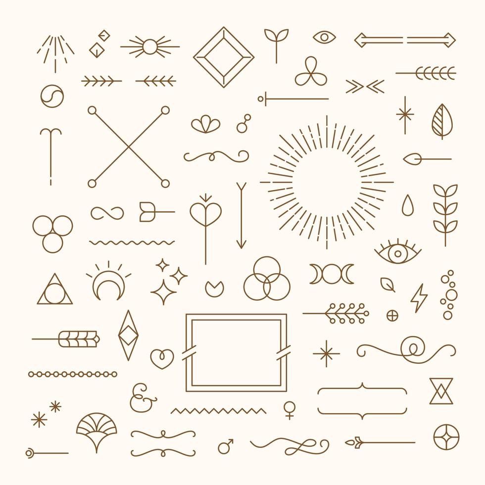 Set of linear thin line art deco retro vintage design elements. Geometric shapes and outline esoteric symbols, Vector illustration