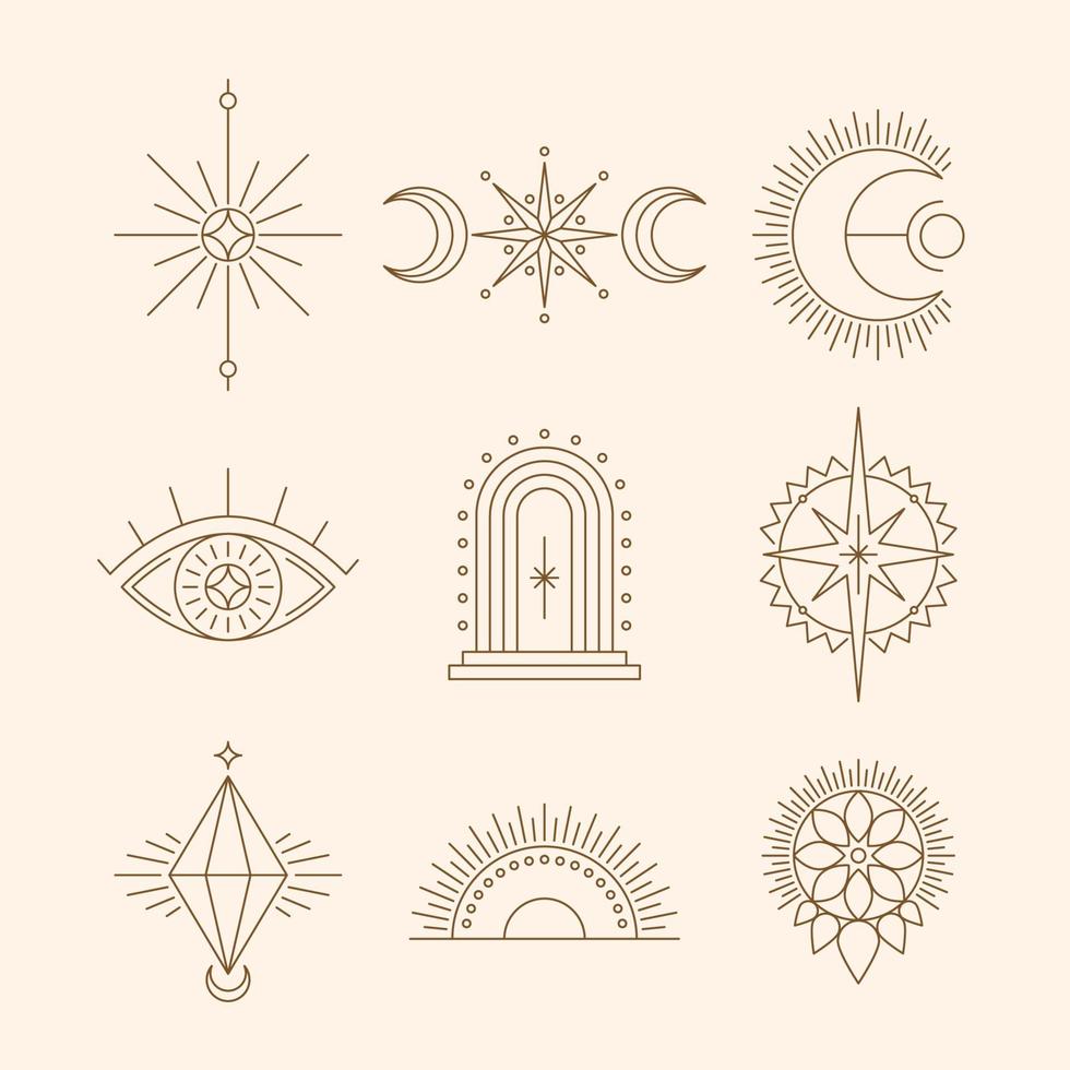Esoteric symbols, Thin line spiritual illustration. Set of Magic occult emblems, vector illustration