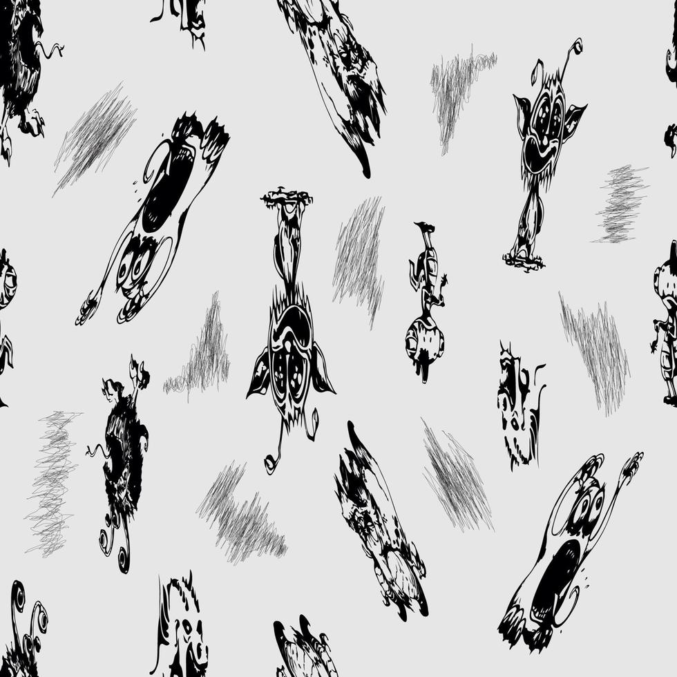 Seamless black monster set, isolated on white background, cartoon monsters, doodle style, vector illustration.