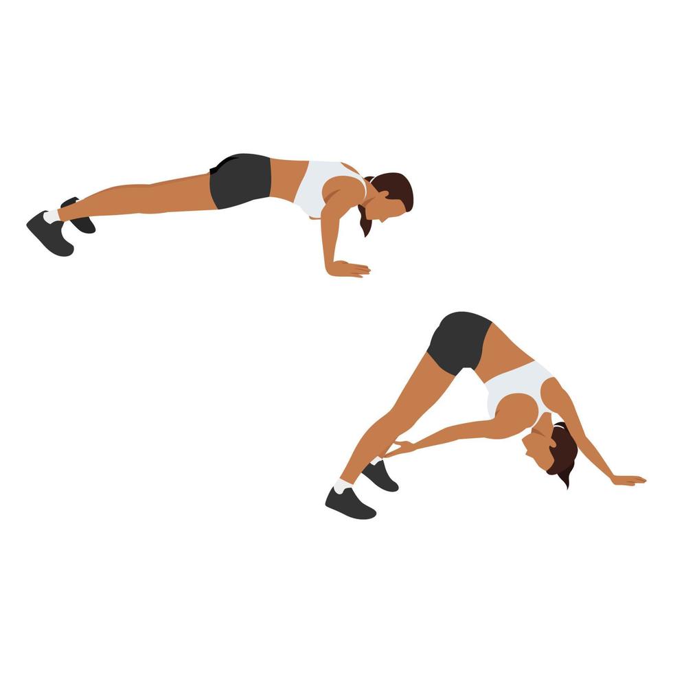 Woman doing Ankle tap push ups exercise. Flat vector illustration isolated on white background