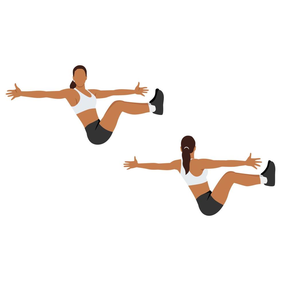 Woman doing Boat twist exercise. Flat vector illustration isolated on white background