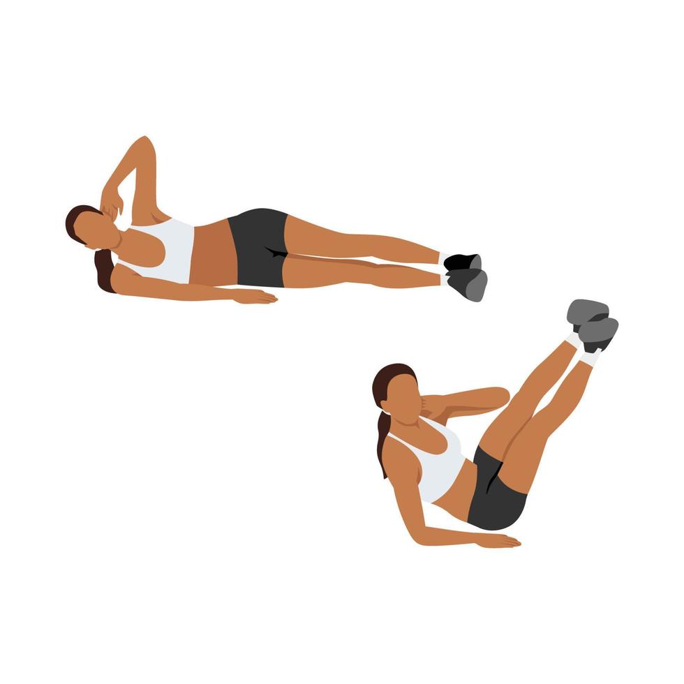 Woman doing Oblique v crunch exercise. Flat vector illustration isolated on white background