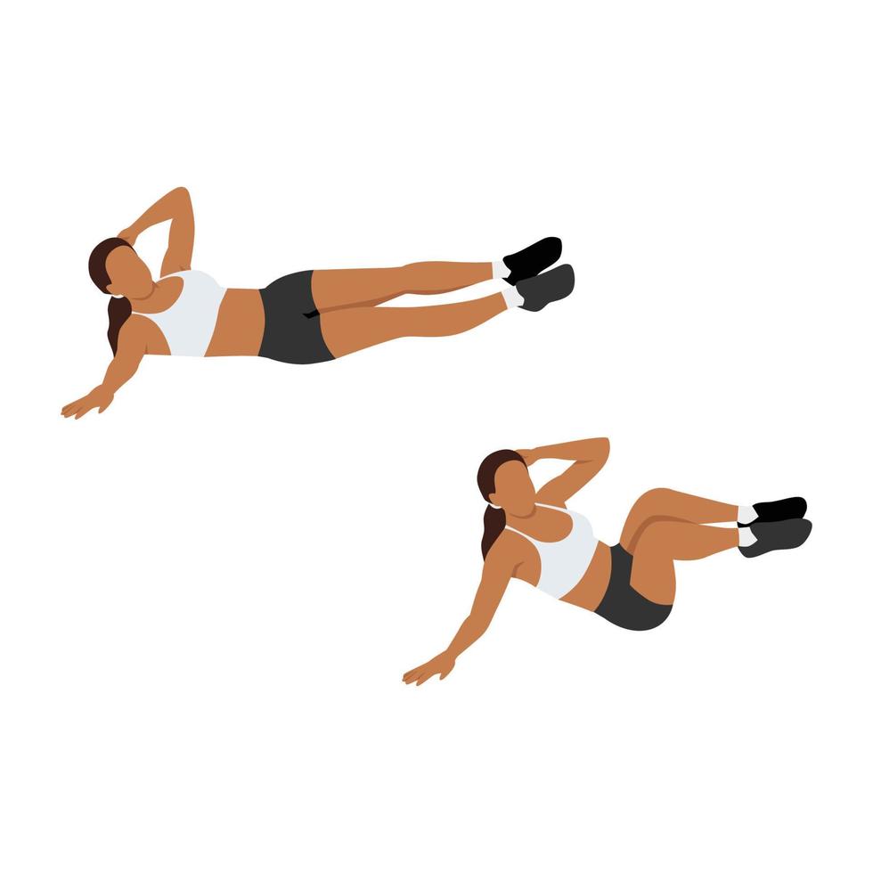 Woman doing Oblique crunch exercise. Flat vector illustration isolated on white background