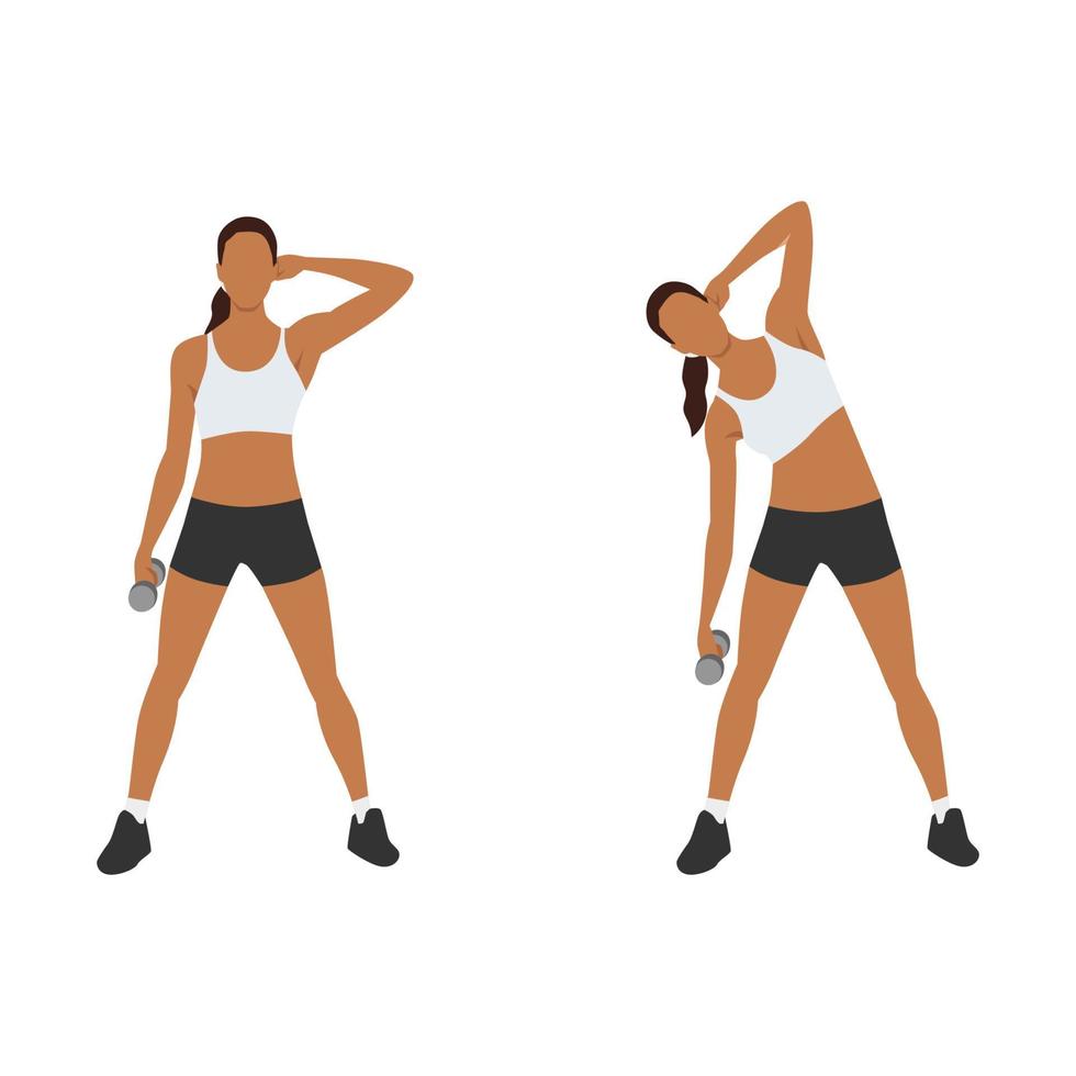 Woman doing Dumbbell side bend exercise. Flat vector illustration isolated on white background