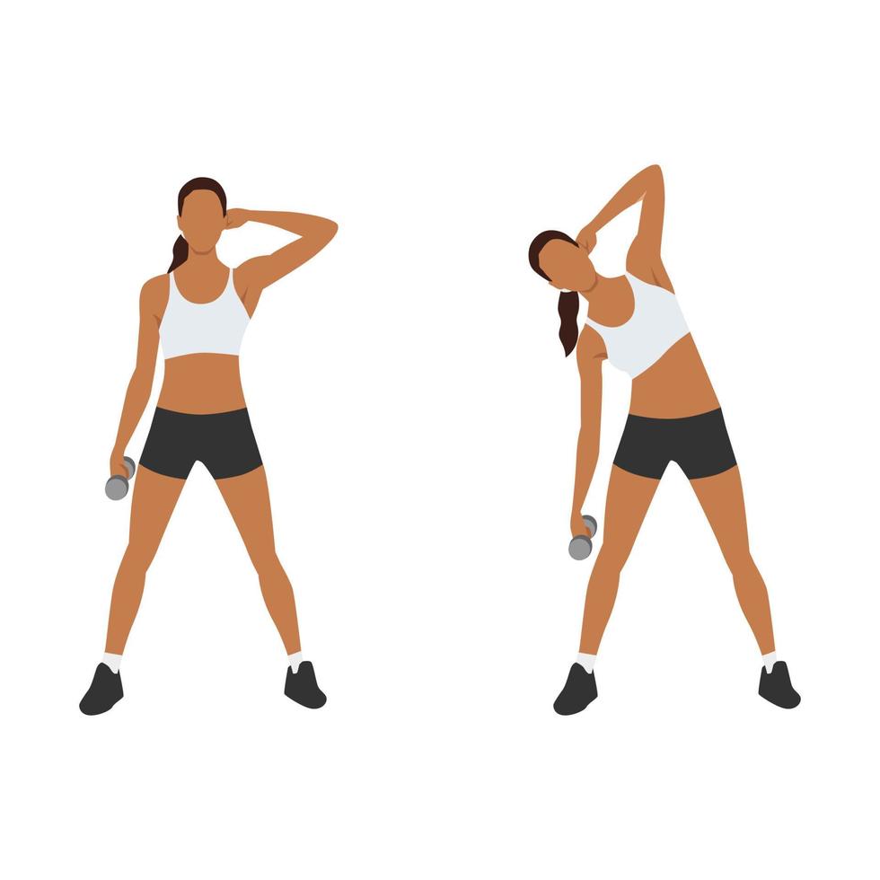 mujer haciendo ejercicio de flexión lateral con mancuernas. ilustración vectorial plana aislada sobre fondo blanco vector