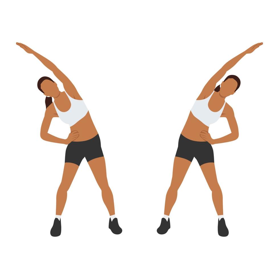 Woman doing Obliques stretch exercise. Flat vector illustration isolated on white background