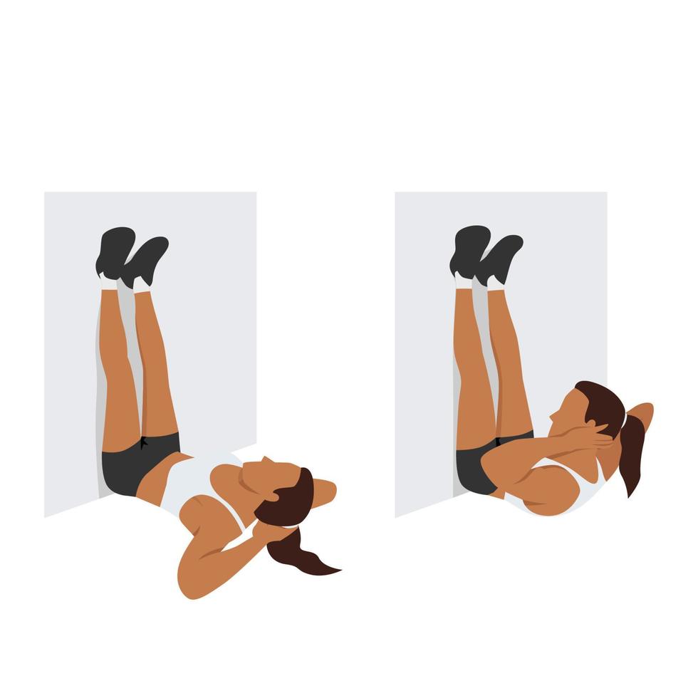 Woman doing Legs up the wall crunch exercise. Flat vector illustration isolated on white background