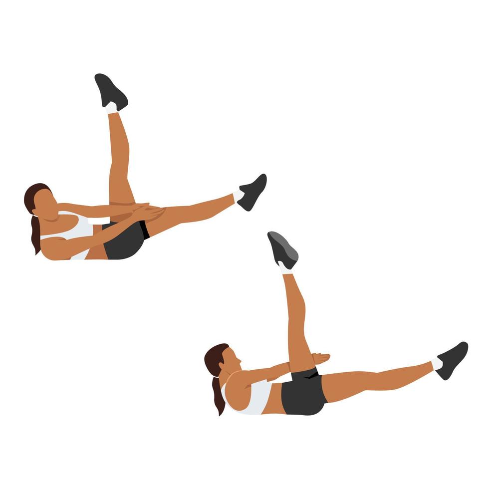 Woman doing Side crunch leg raise exercise. Flat vector illustration isolated on white background