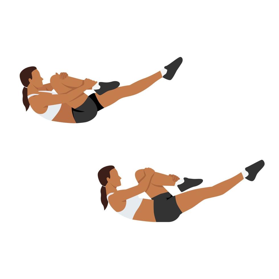 Woman doing Single leg stretch exercise. Flat vector illustration isolated on white background