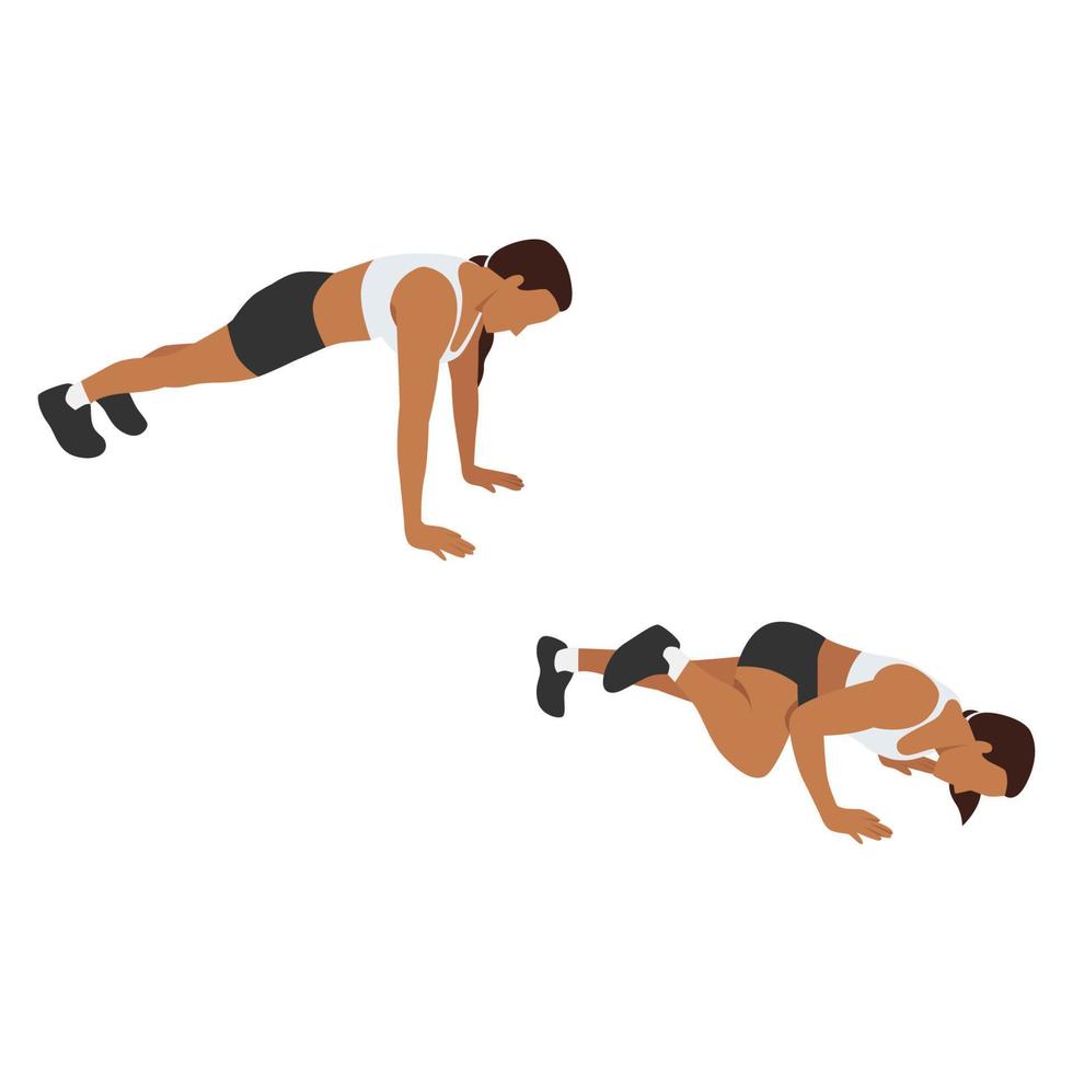 Woman doing Spider man push up exercise. Flat vector illustration isolated on white background