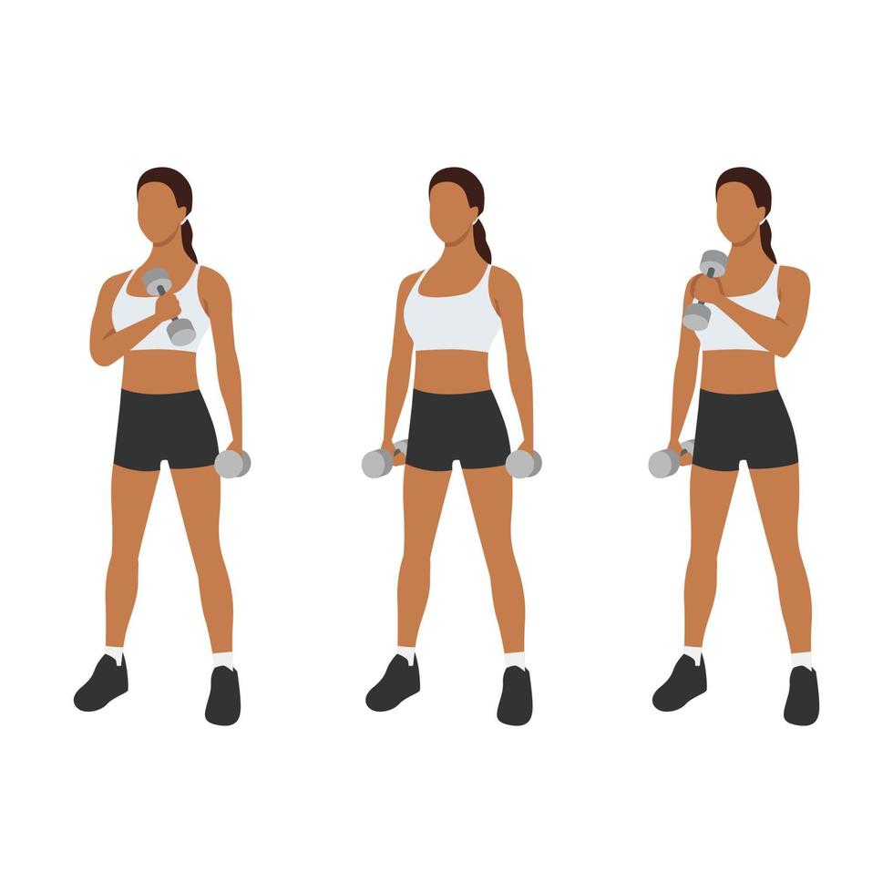 Woman doing Standing cross chest curl exercise. Flat vector illustration isolated on white background