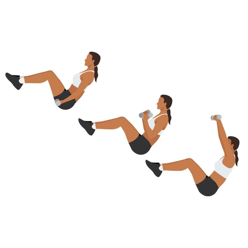mujer haciendo ejercicio v sit curl press. ilustración vectorial plana aislada sobre fondo blanco vector