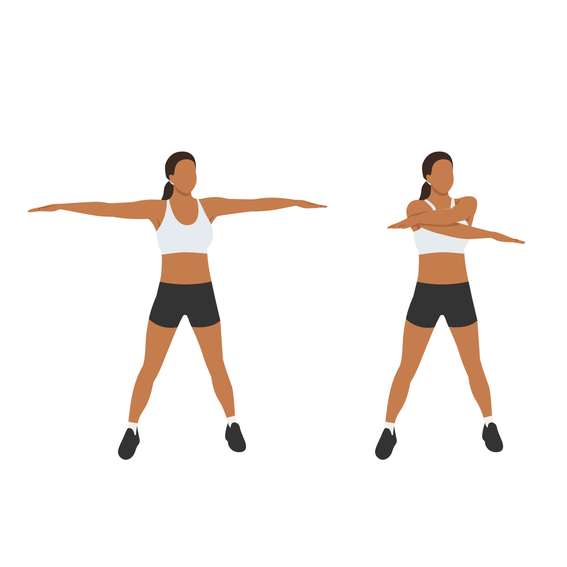 Woman doing arm swings exercise. Flat vector illustration isolated on