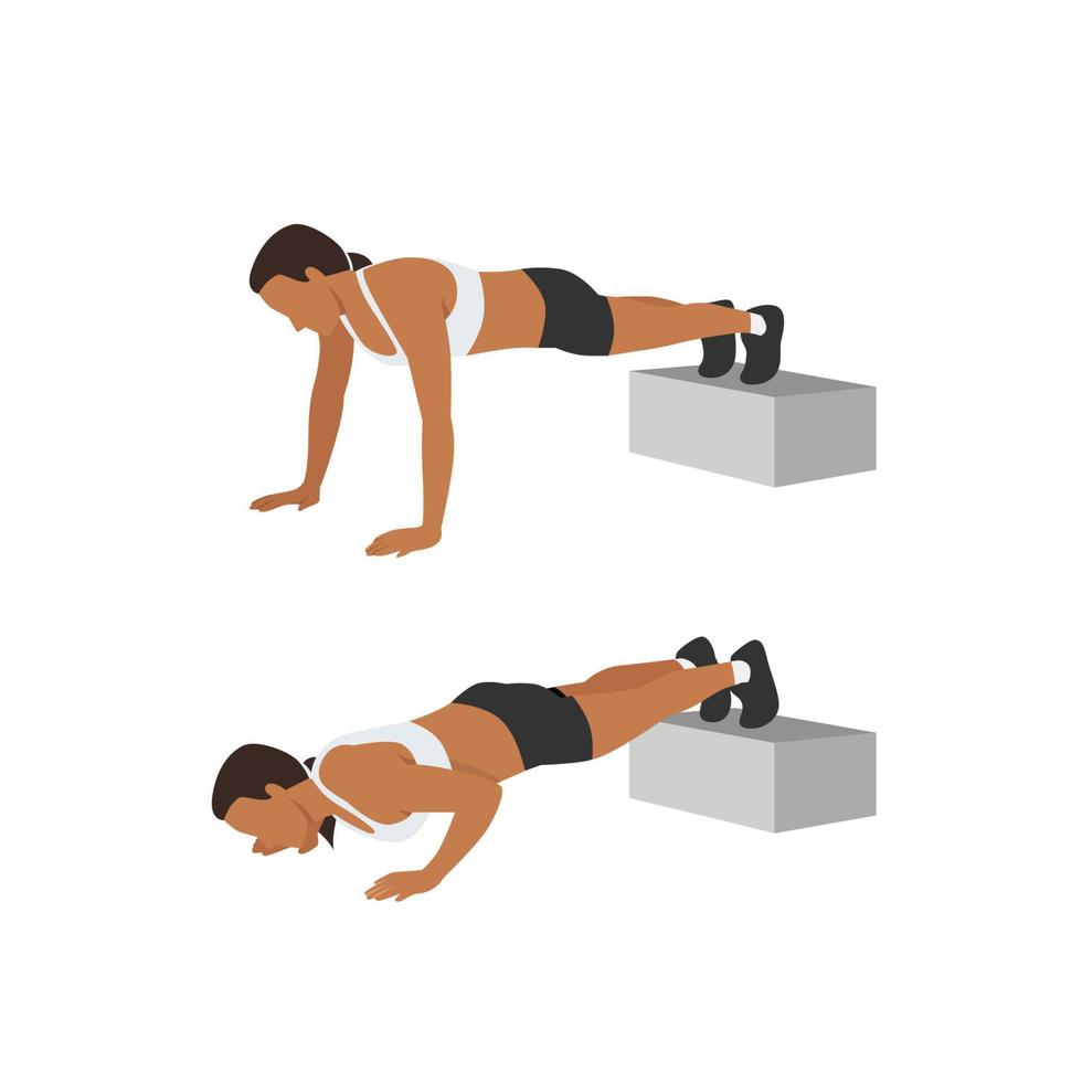 Woman doing decline push up exercise. Flat vector illustration isolated on white background