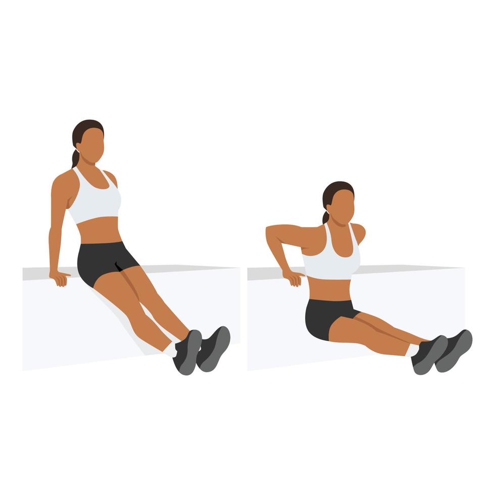 Woman doing tricep dips  exercise. Flat vector illustration isolated on white background