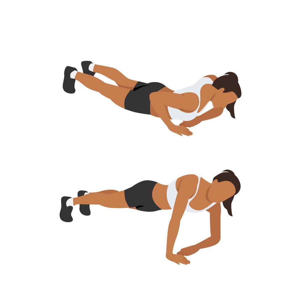 Woman doing Asymmetrical push up exercise. Flat vector illustration isolated on white background