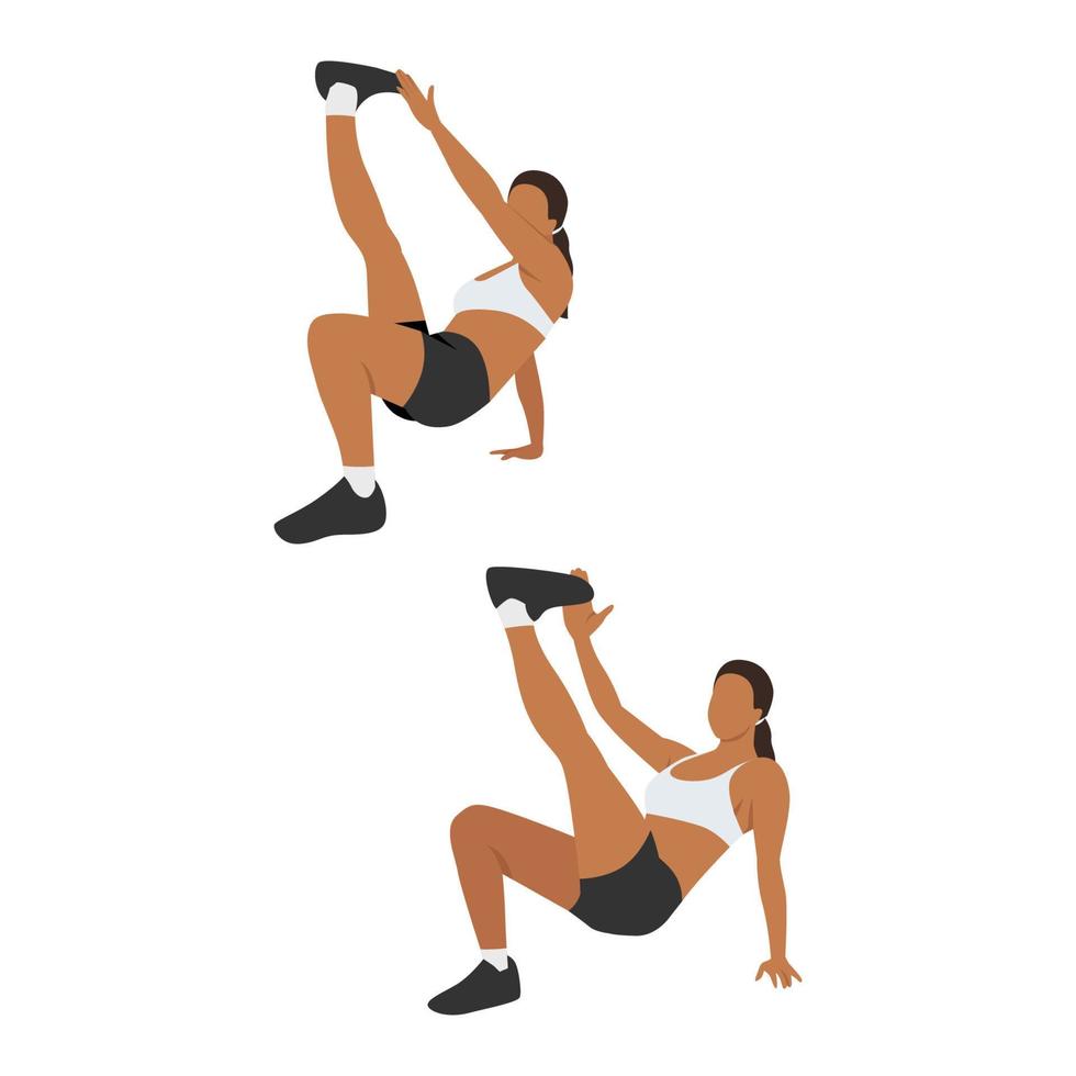 Woman doing Crab toe touches exercise. Flat vector illustration isolated on white background