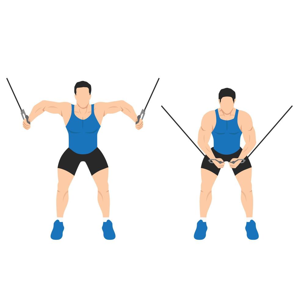 hombre haciendo cruce de cable de pie. ejercicio de moscas de cable. ilustración vectorial plana aislada sobre fondo blanco. personaje de entrenamiento vector