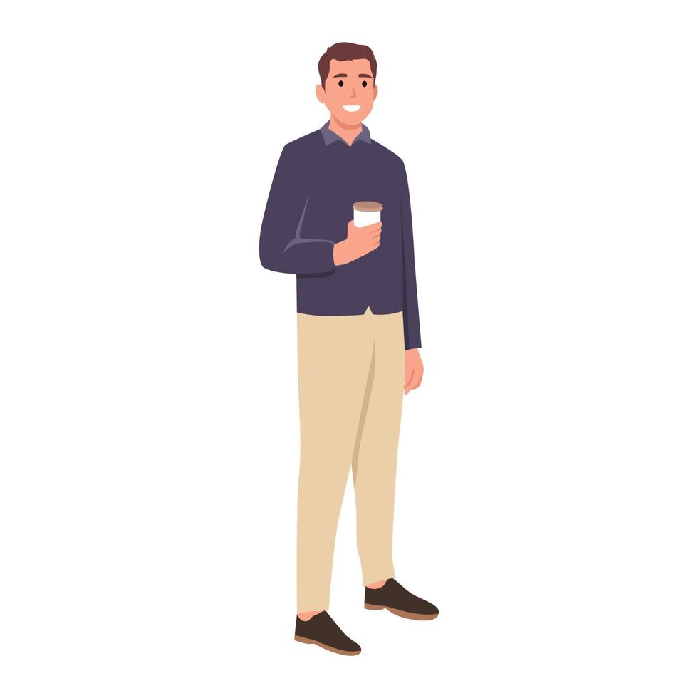 Young smiling man in Business casual cartoon character holding coffee cup . Flat vector illustration isolated on white background