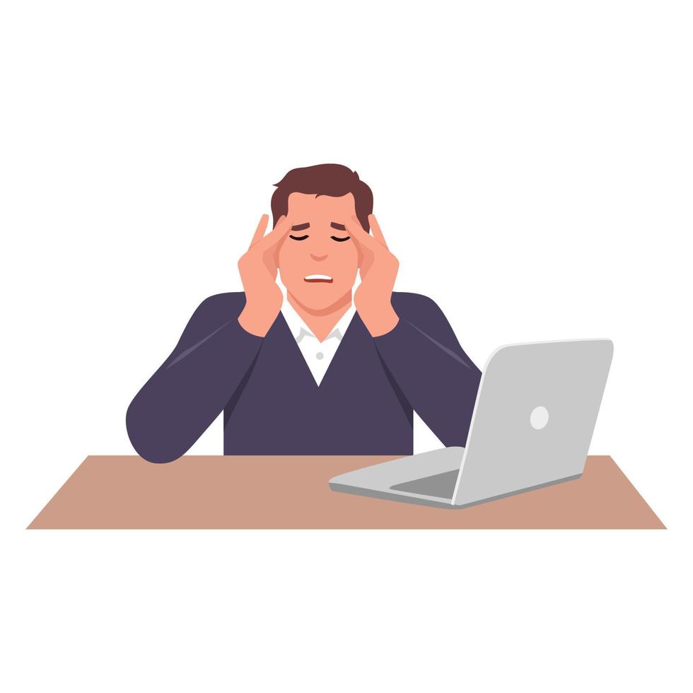 Young stressed man cartoon character clutched his head in panic. The bad news. Flat vector illustration isolated on white background