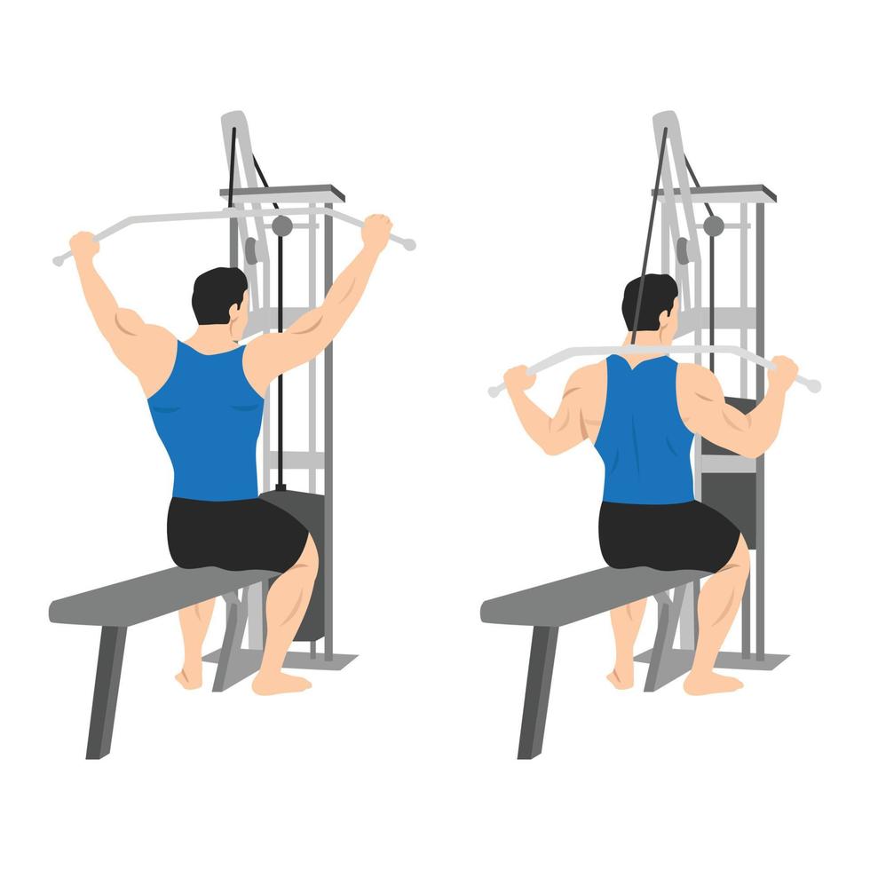 hombre haciendo detrás del cuello lat pulldown ilustración vectorial plana aislado sobre fondo blanco vector