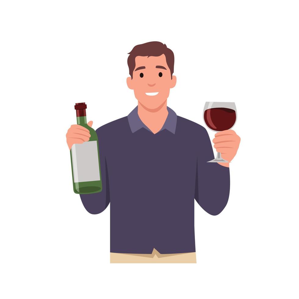 Young smiling man cartoon character holding a bottle of wine . Flat vector illustration isolated on white background