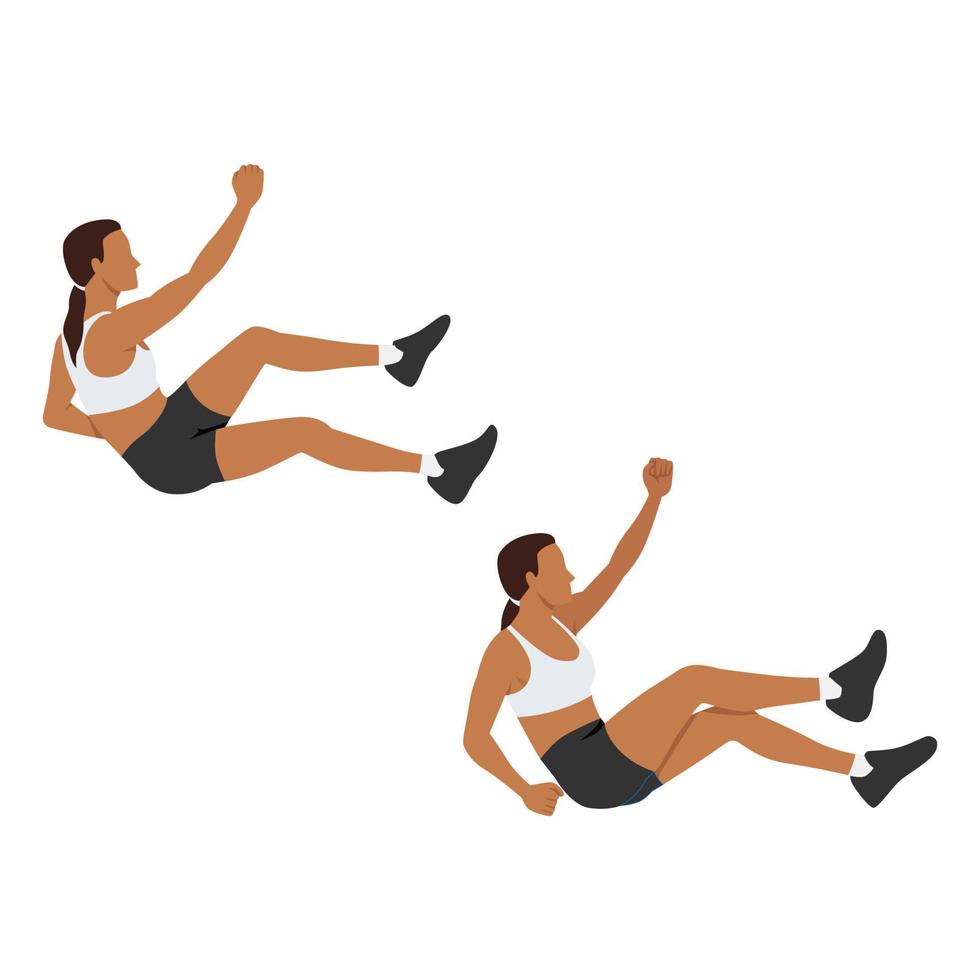 Woman doing Rope climb crunches exercise. Flat vector illustration isolated on white background