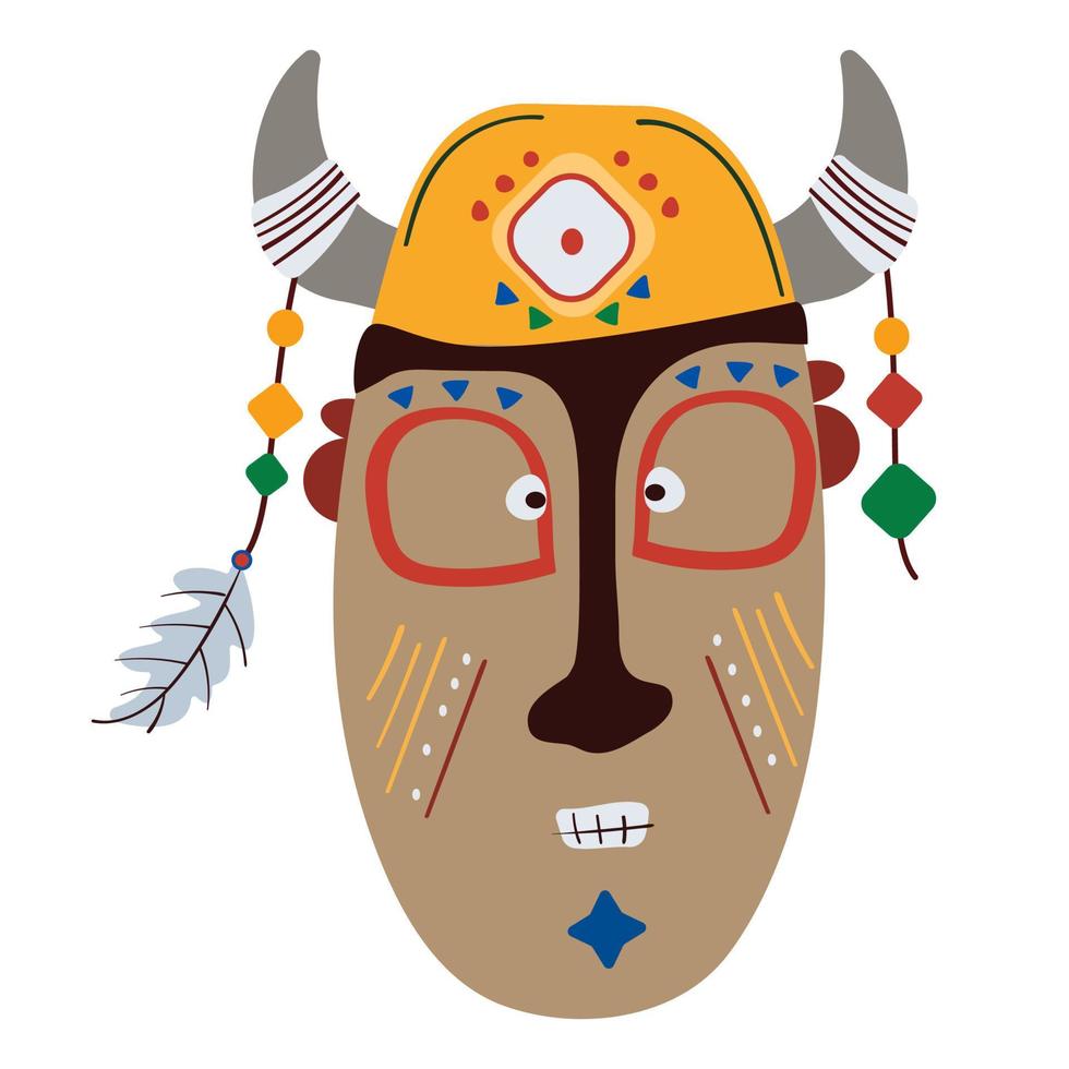 Mask decorated with horns with feathers and earring in flat naive style vector