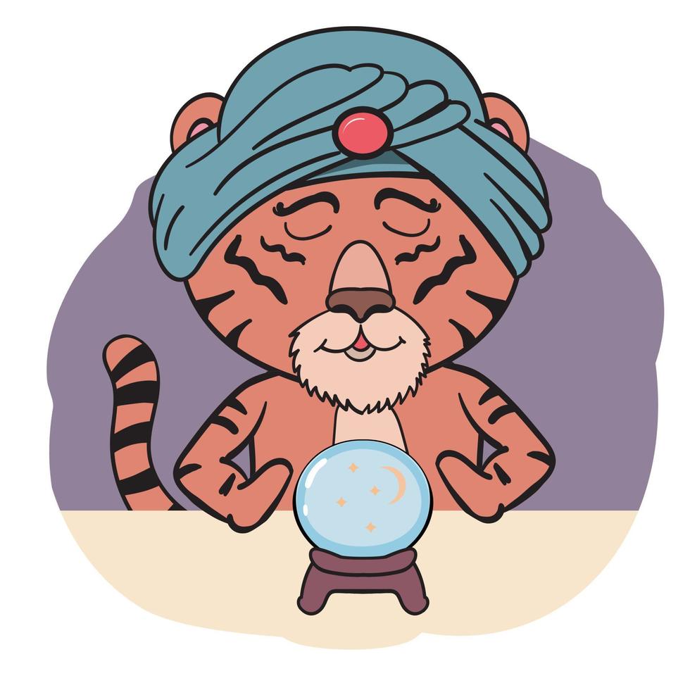 Indian tiger in turban predicts the future by glass ball vector