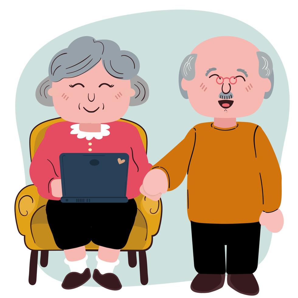 la abuela feliz está sentada en una silla con una computadora portátil. pareja de ancianos sonriendo vector