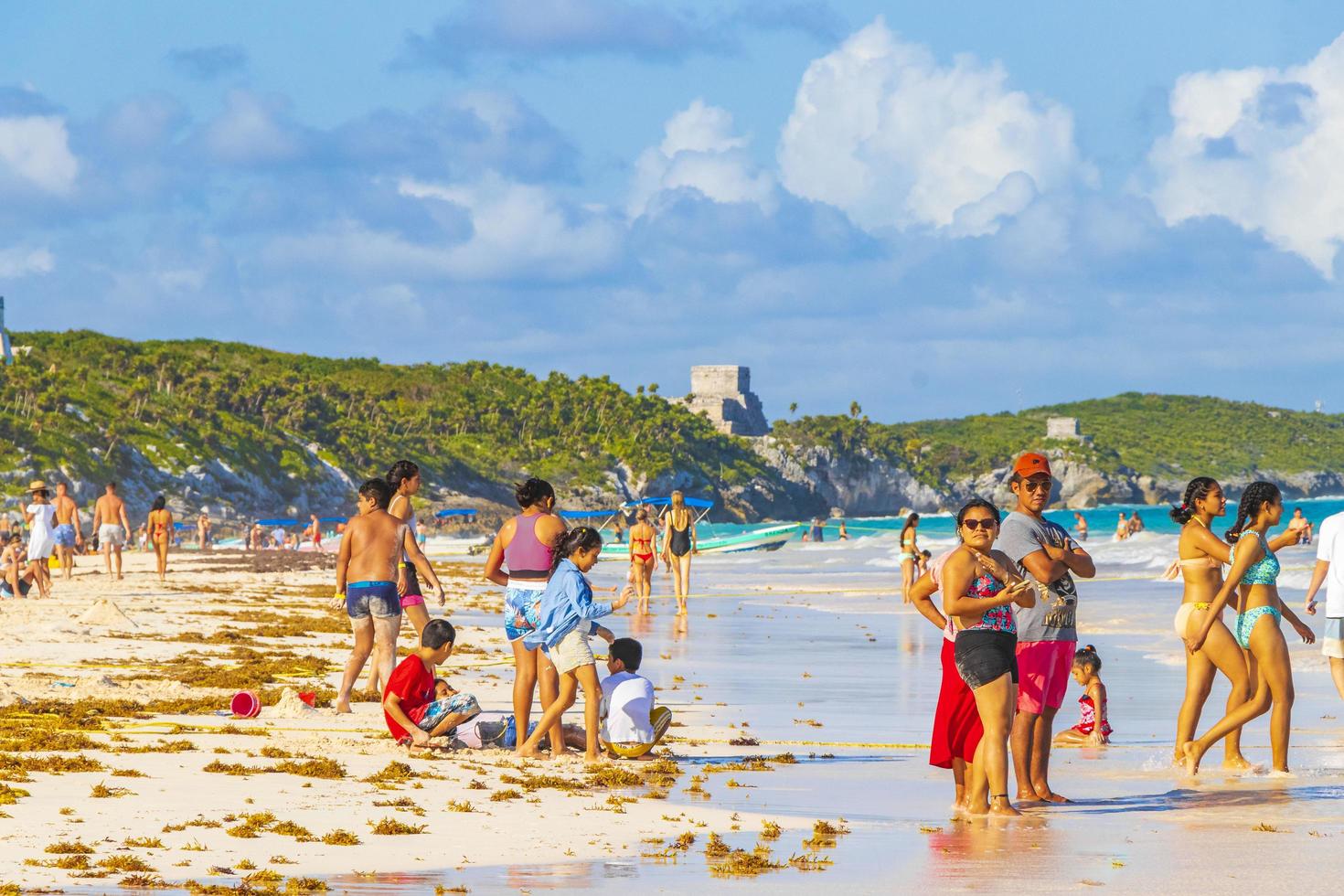 Tulum Quintana Roo Mexico 2018 People boats caribbean coast and beach panorama view Tulum Mexico