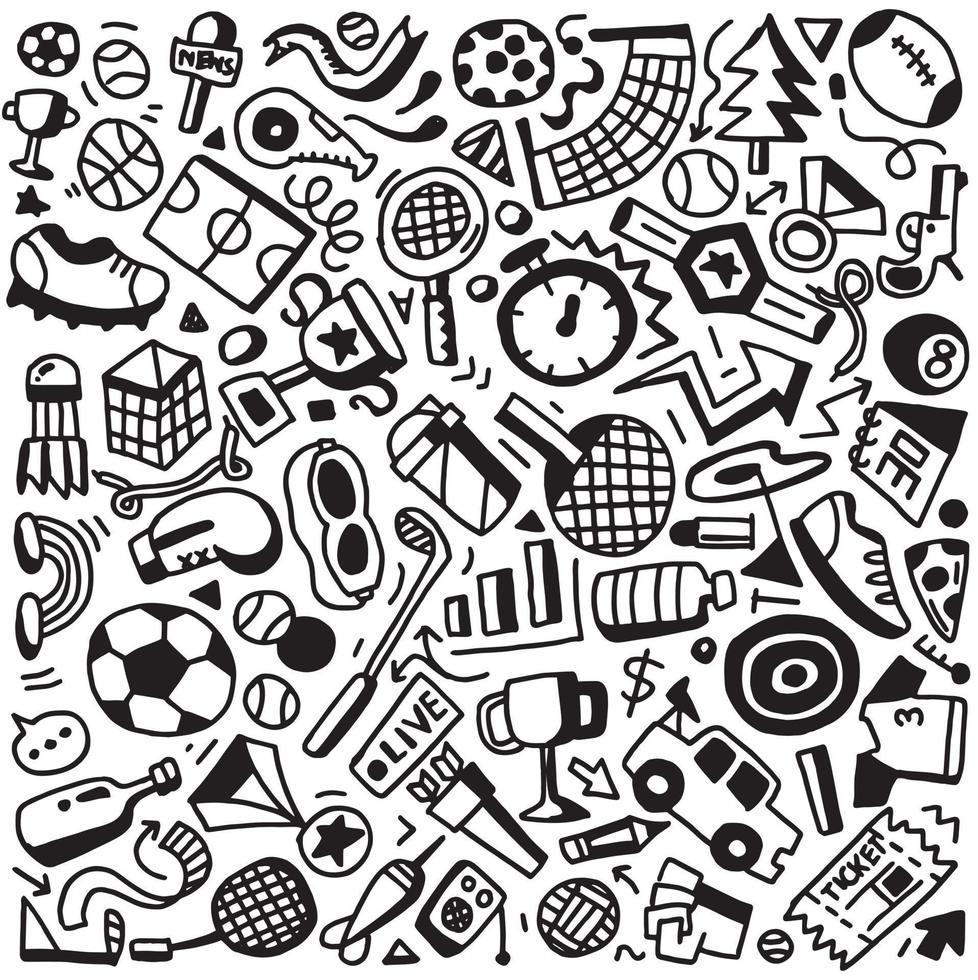 Hand drawn doodle sport background. Vector cartoon pattern with sport icons, cycling, volleyball, soccer, basketball, golf, tennis, baseball.