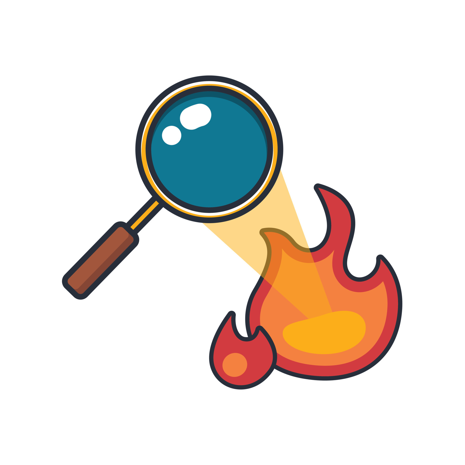 Collection colored thin icon of fire making with magnifying glass, science concept vector