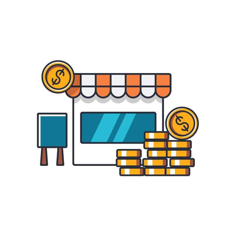 Collection colored thin icon of shop and money coins, business and finance concept vector illustration.