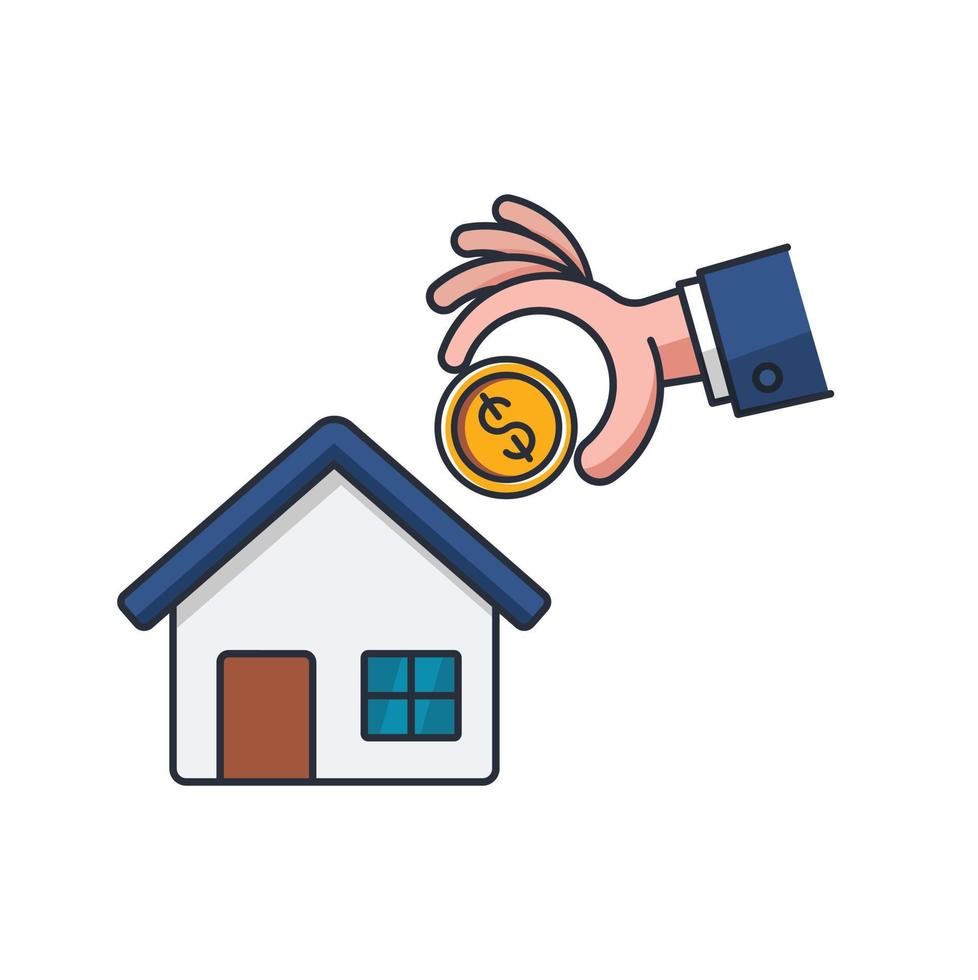 icono delgado de color de colección de compra de casa, moneda de dinero en mano, ilustración de vector de concepto de negocios y finanzas.