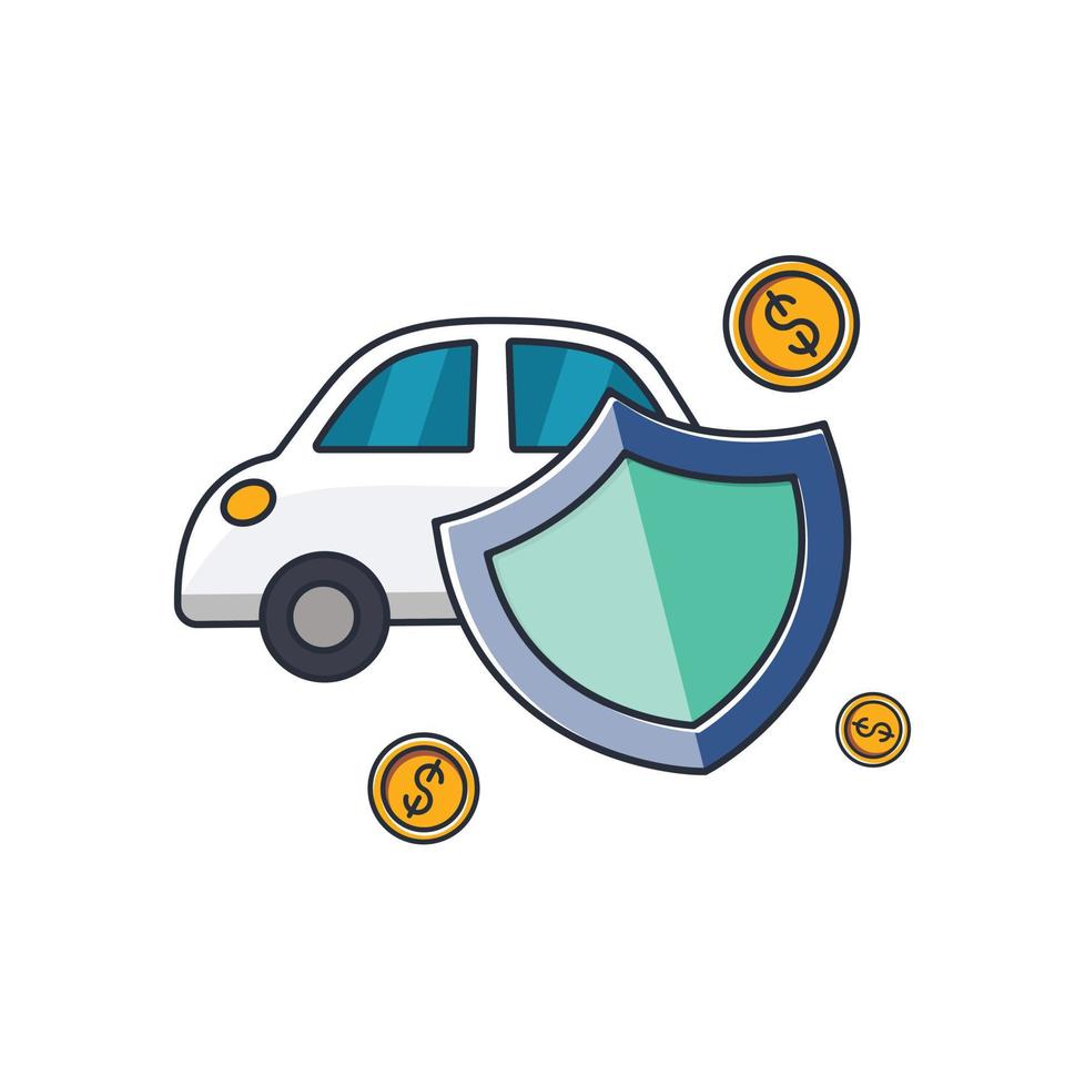 icono delgado de color de colección de escudo de protección y coche, ilustración de vector de concepto de negocio de seguros.