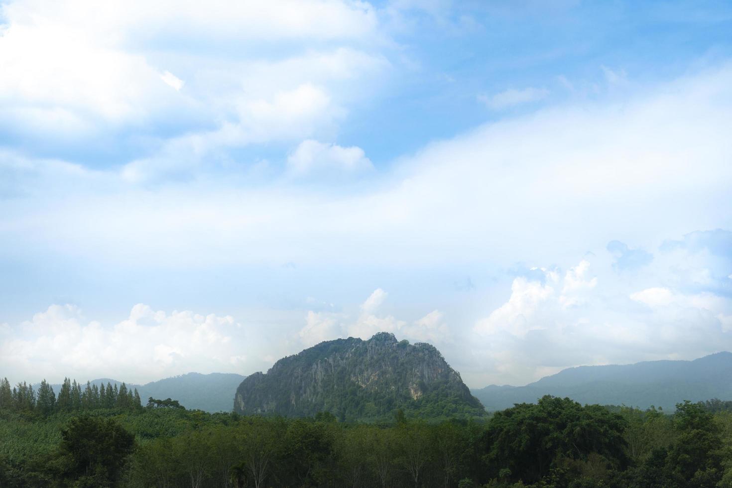 Landscape view of tall tree in front of agricultural areas. Mountain has a towering cliff in the middle. Under blue sky and white clounds. At Wang Chan, Rayong Thailand. photo