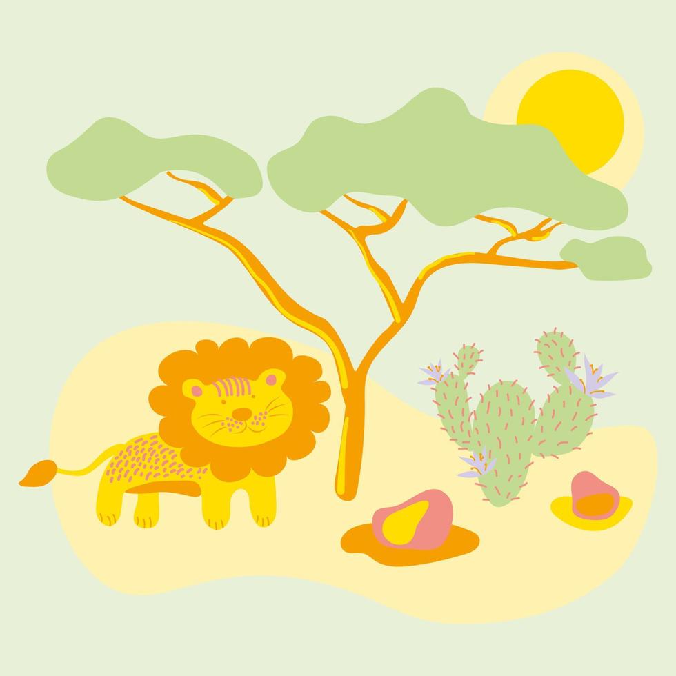 un león se para debajo de un árbol entre la cálida sabana africana. animales y naturaleza en estilo plano de dibujos animados. ilustración vectorial colorido. diseño para niños. vector