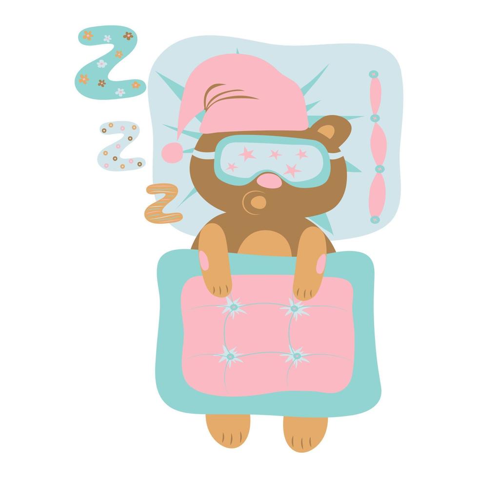 Cartoon teddy bear sleeps sleep for print design. Funny cartoon character.Cute baby print. White background. vector