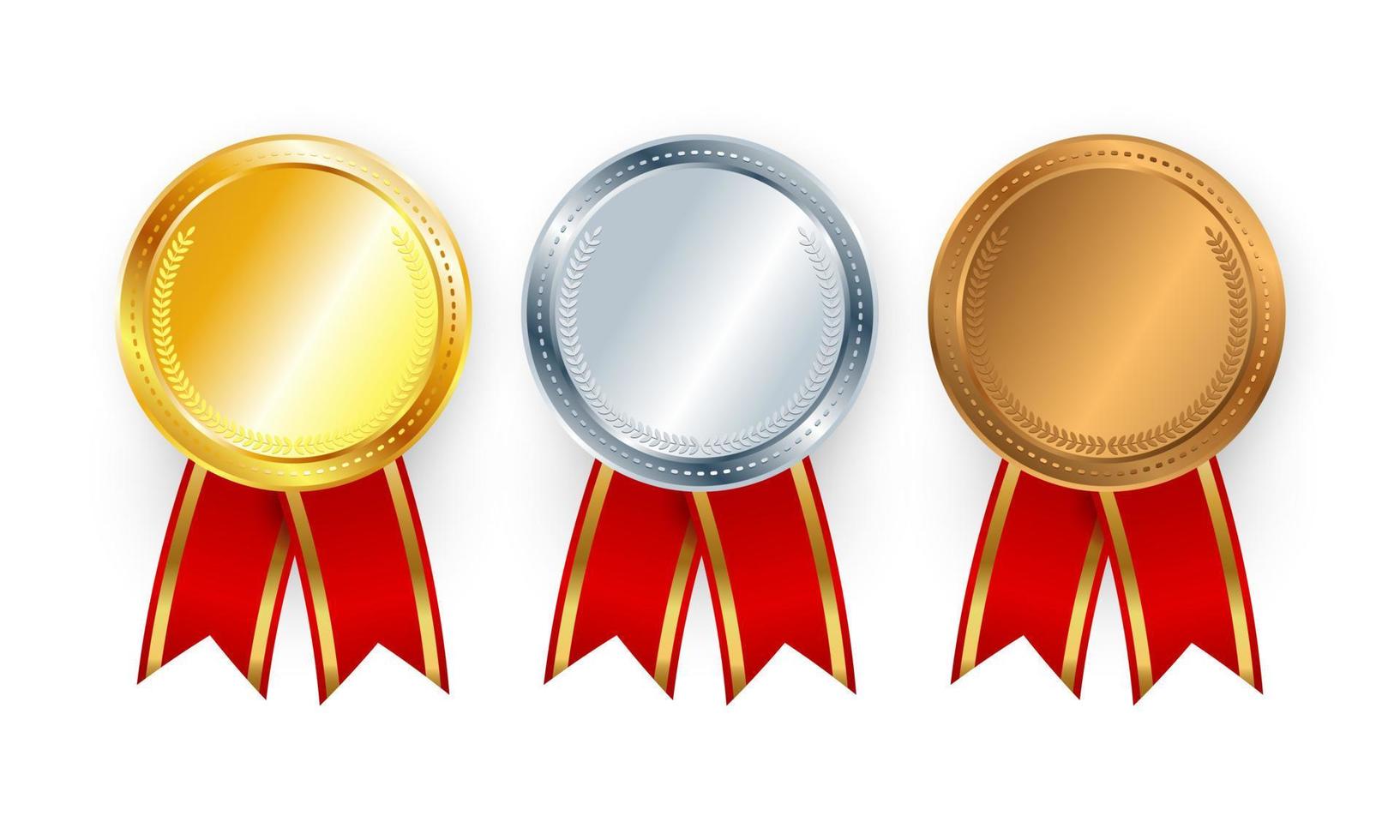 A Gold Silver BronzeRealistic 3d gold, silver, bronze medal with red ribbons closeup isolated on white background. Awards for first, second and third places. Vector illustration. badge. Vector