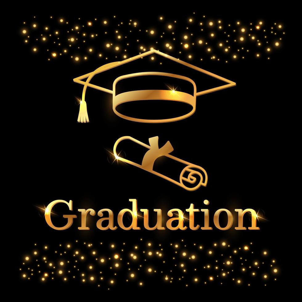 pancarta de graduación, afiche con gorra universitaria o de secundaria y texto de felicitación. color negro y dorado. plantilla vectorial para invitación o postal. vector