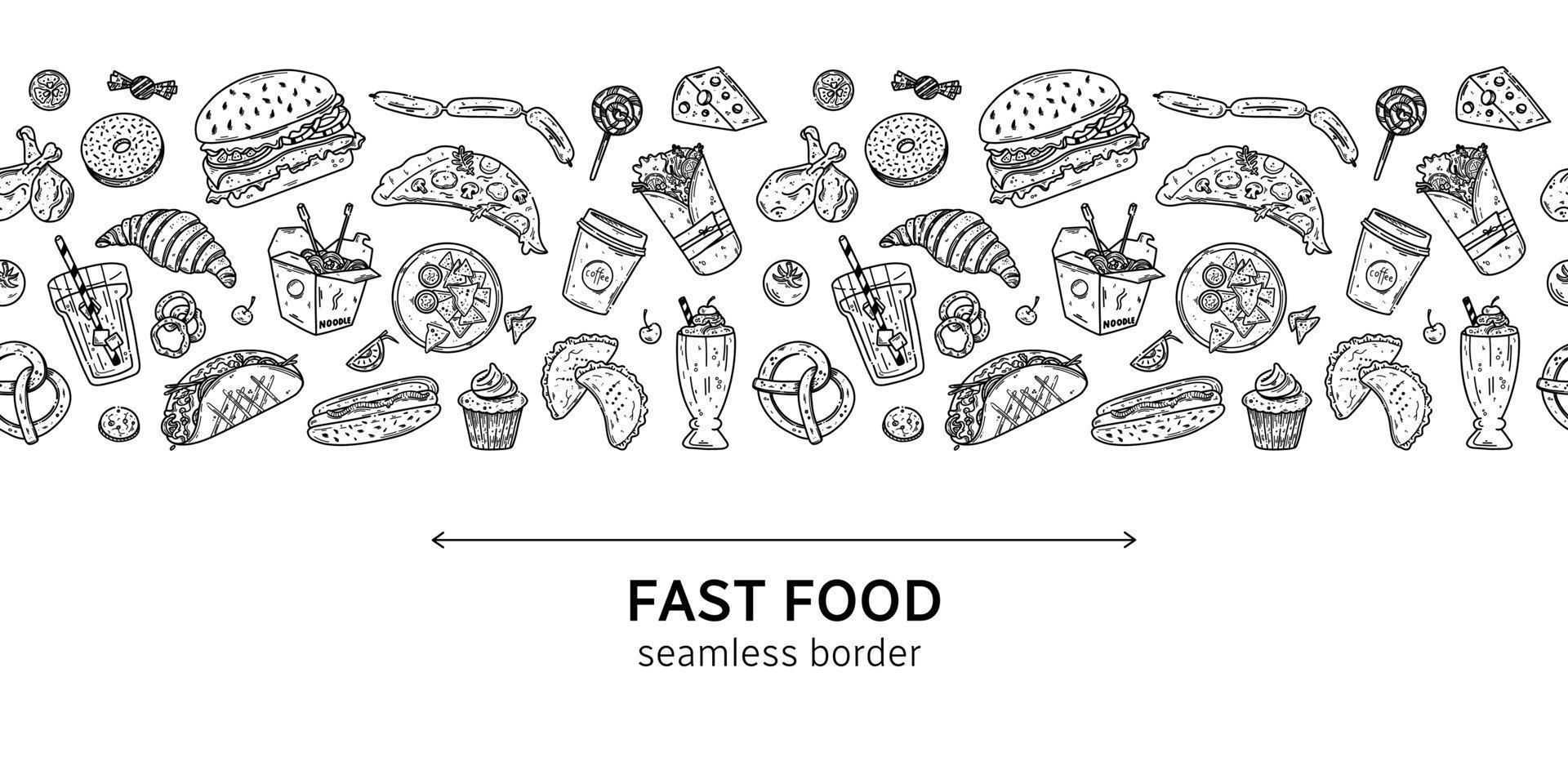 Fast food seamless border with vector hand drawn sandwich, pizza, french fries, donuts, burger, hot dog, noodle, coffe and cupcake