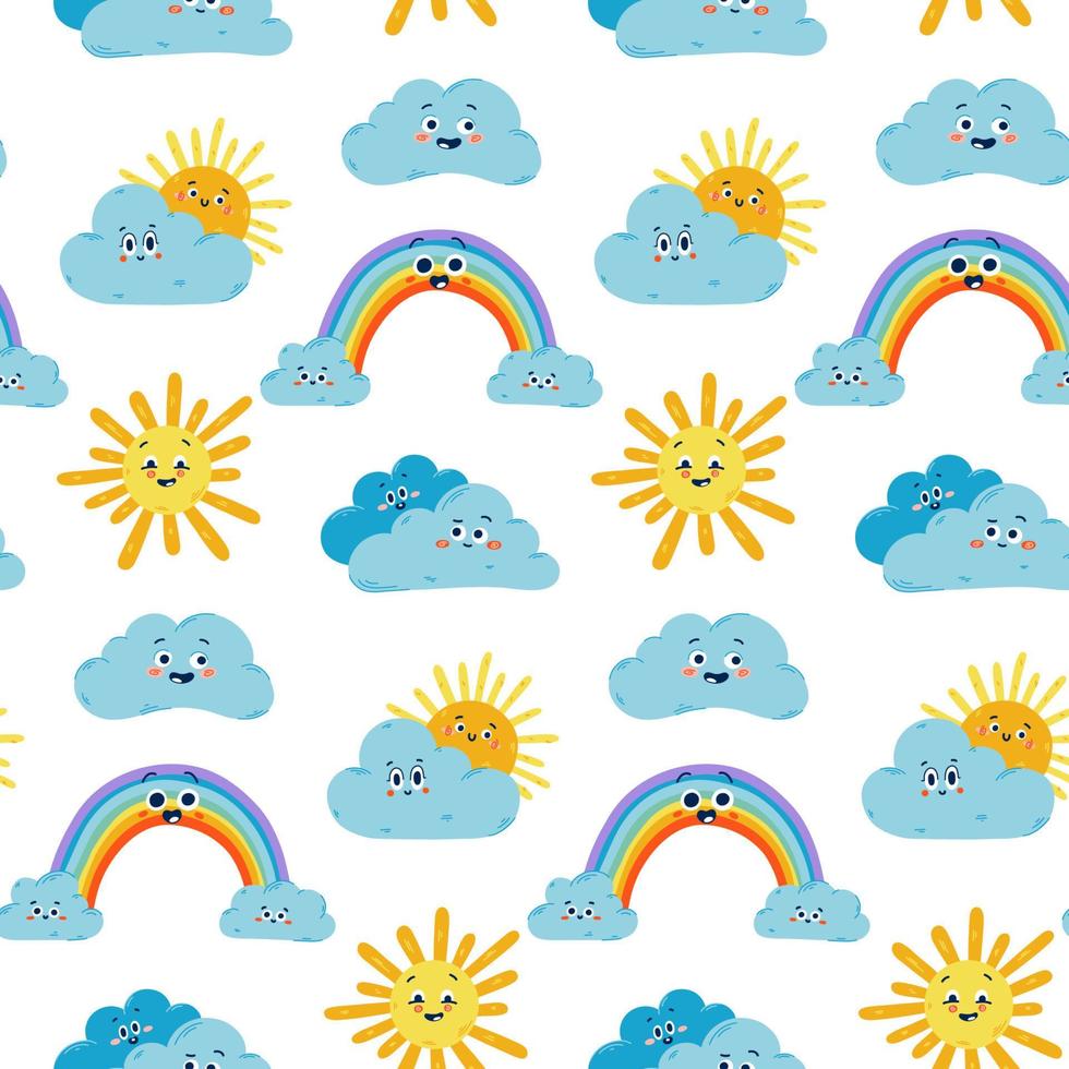 Vector samless pattern with cute smiling Sun, rainbow and clouds. Good weather hand drawn background for kids fashion, nursery, baby shower