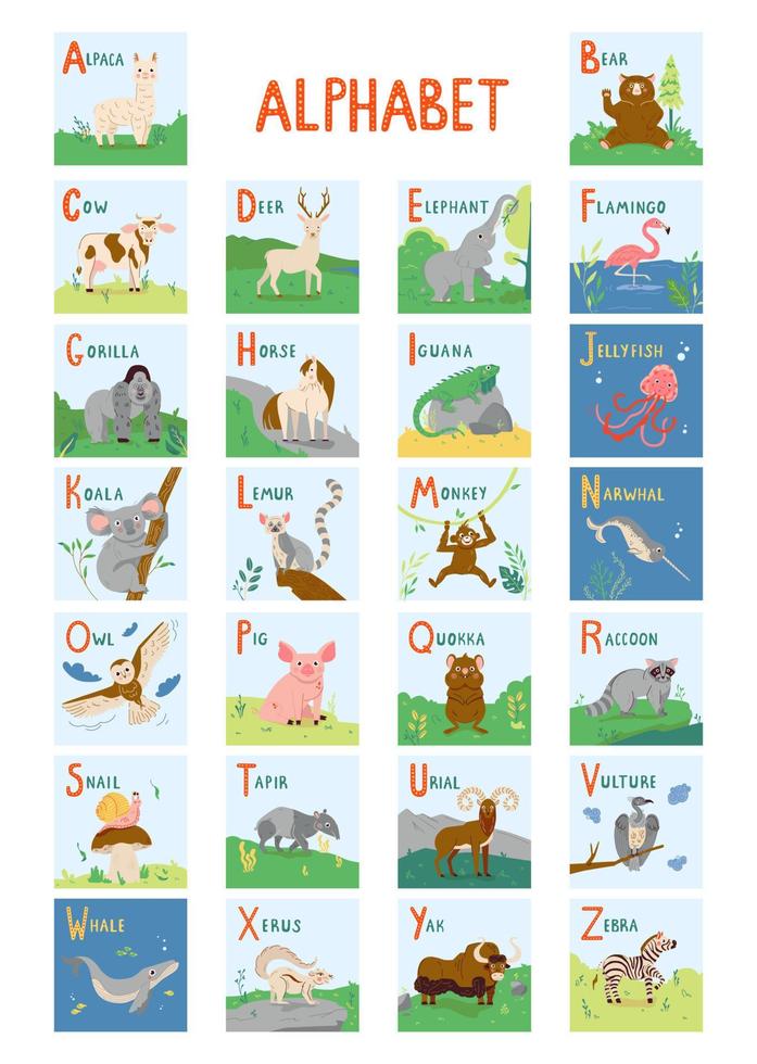 Cute Animals alphabet for kids education from A to Z. Childish vector font  for kids ABC book with hand drawn animal characters 8060049 Vector Art at  Vecteezy